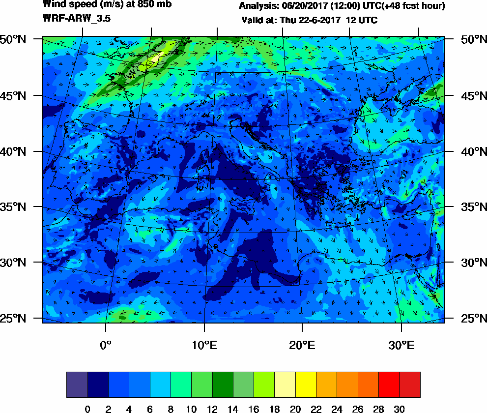 Wind speed (m/s) at 850 mb - 2017-06-22 12:00