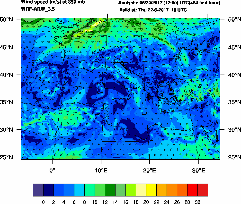 Wind speed (m/s) at 850 mb - 2017-06-22 18:00