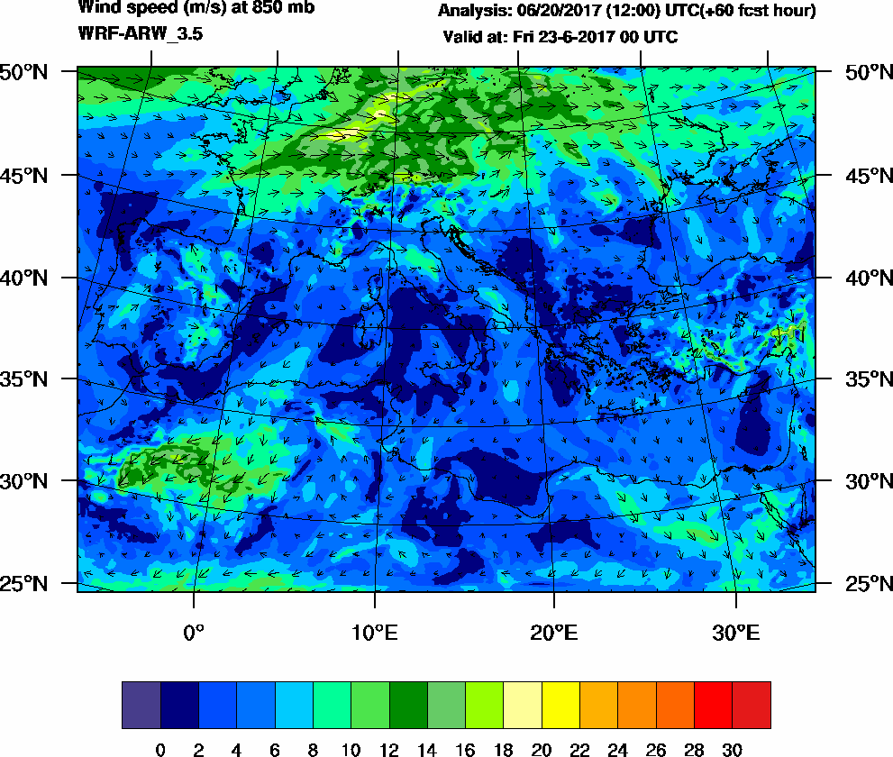 Wind speed (m/s) at 850 mb - 2017-06-23 00:00