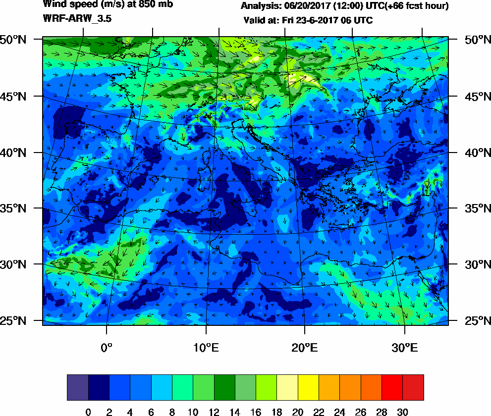 Wind speed (m/s) at 850 mb - 2017-06-23 06:00