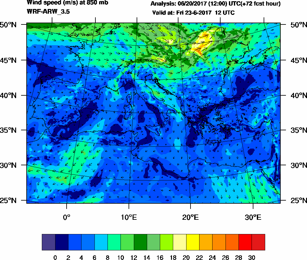 Wind speed (m/s) at 850 mb - 2017-06-23 12:00