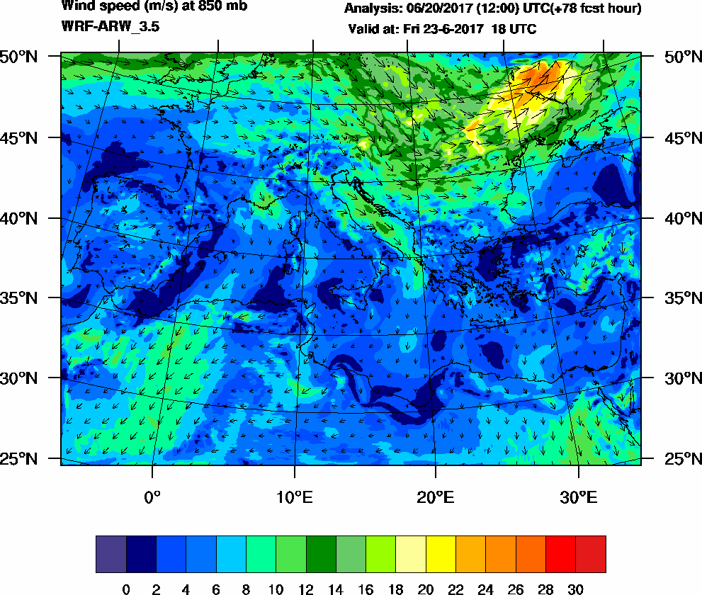 Wind speed (m/s) at 850 mb - 2017-06-23 18:00