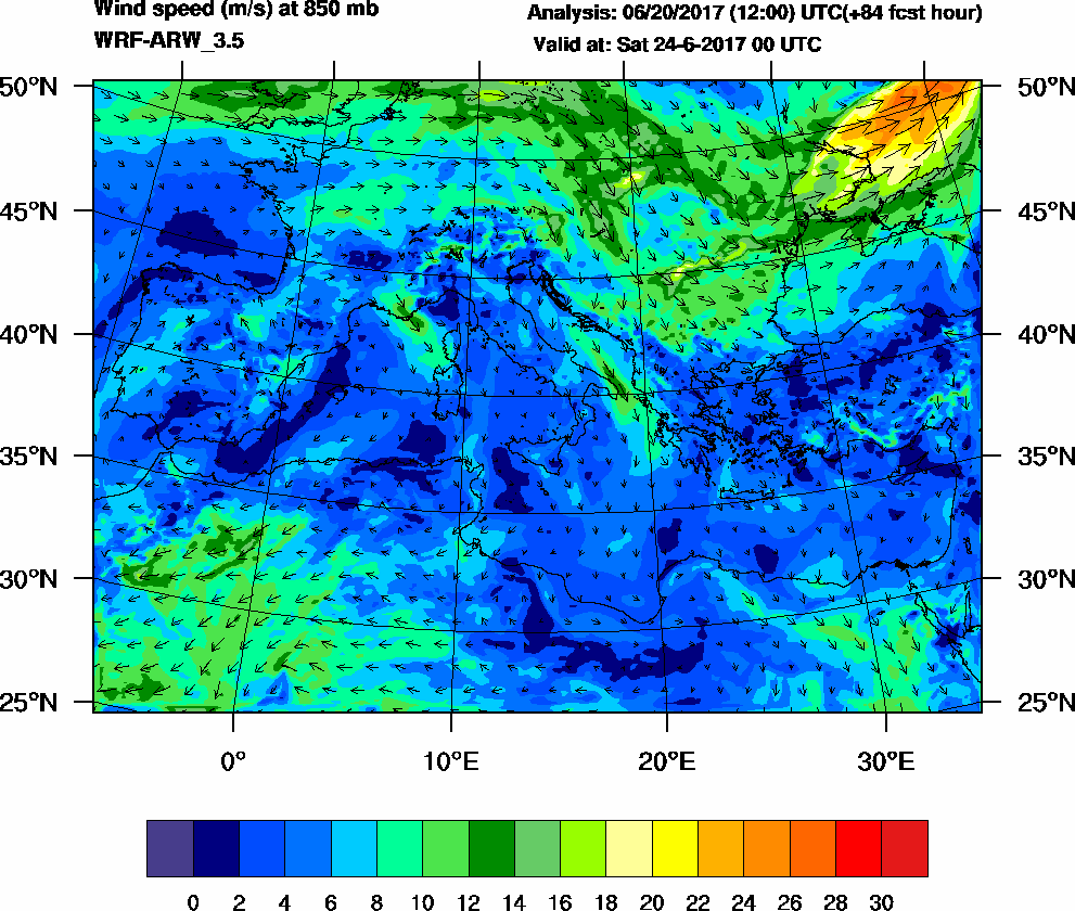 Wind speed (m/s) at 850 mb - 2017-06-24 00:00