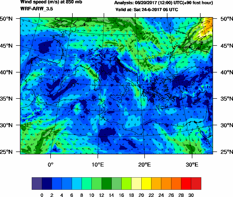 Wind speed (m/s) at 850 mb - 2017-06-24 06:00