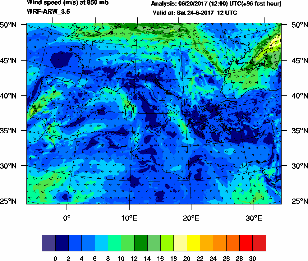 Wind speed (m/s) at 850 mb - 2017-06-24 12:00