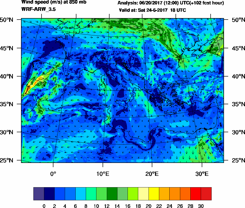 Wind speed (m/s) at 850 mb - 2017-06-24 18:00