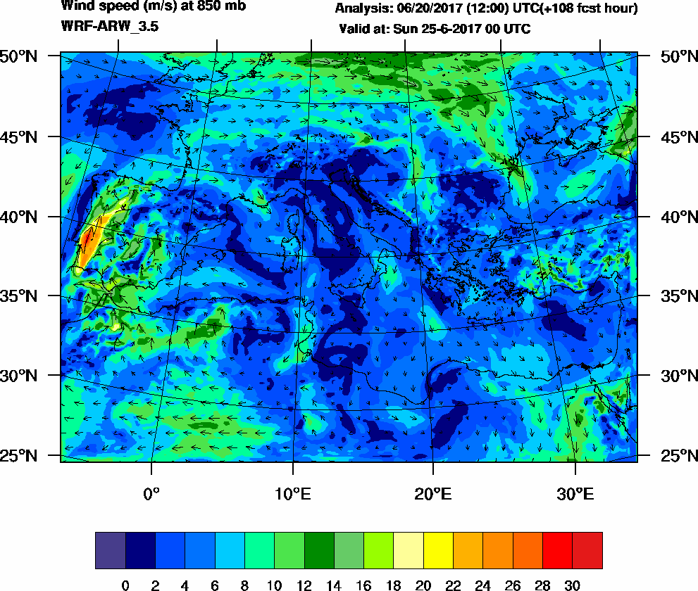 Wind speed (m/s) at 850 mb - 2017-06-25 00:00