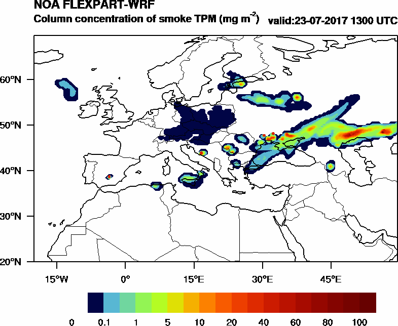 Column concentration of smoke TPM - 2017-07-23 13:00