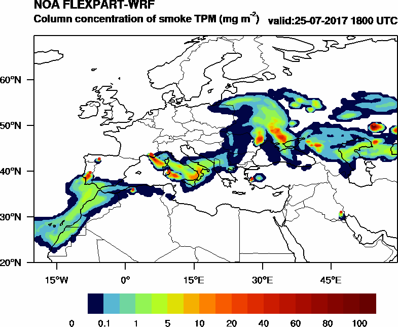 Column concentration of smoke TPM - 2017-07-25 18:00