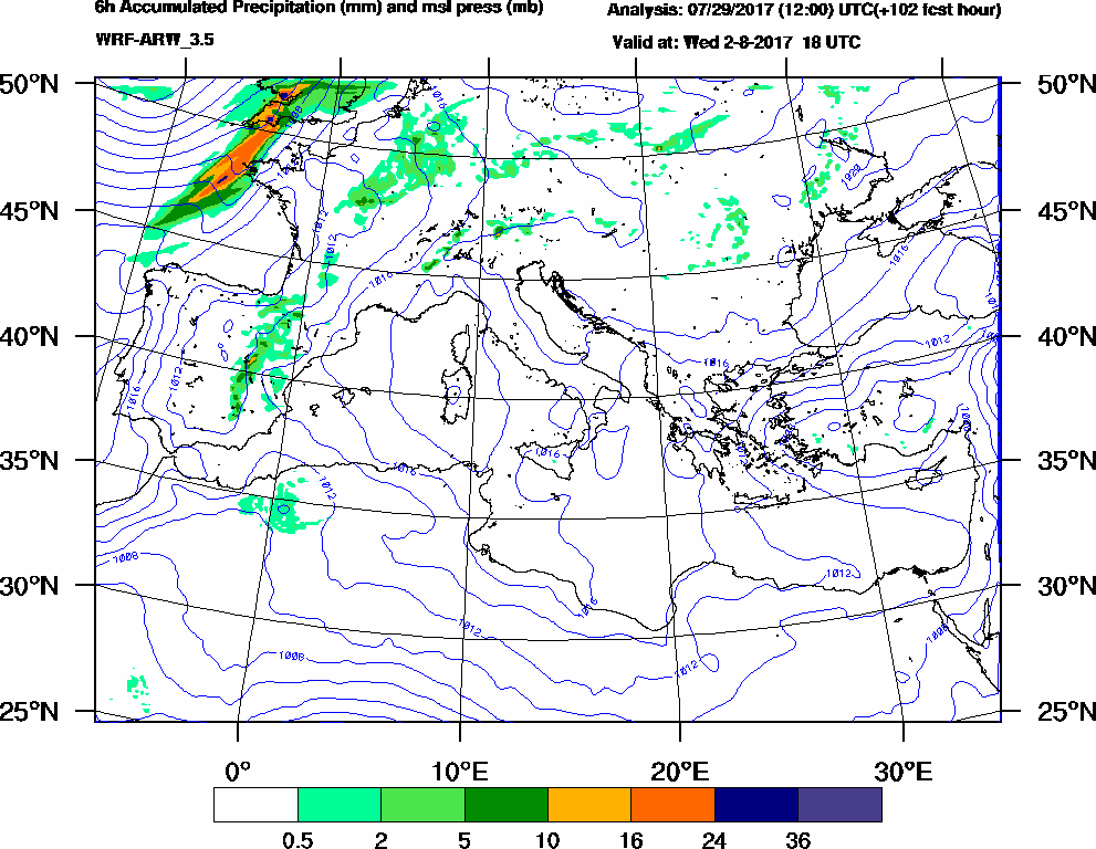 6h Accumulated Precipitation (mm) and msl press (mb) - 2017-08-02 12:00