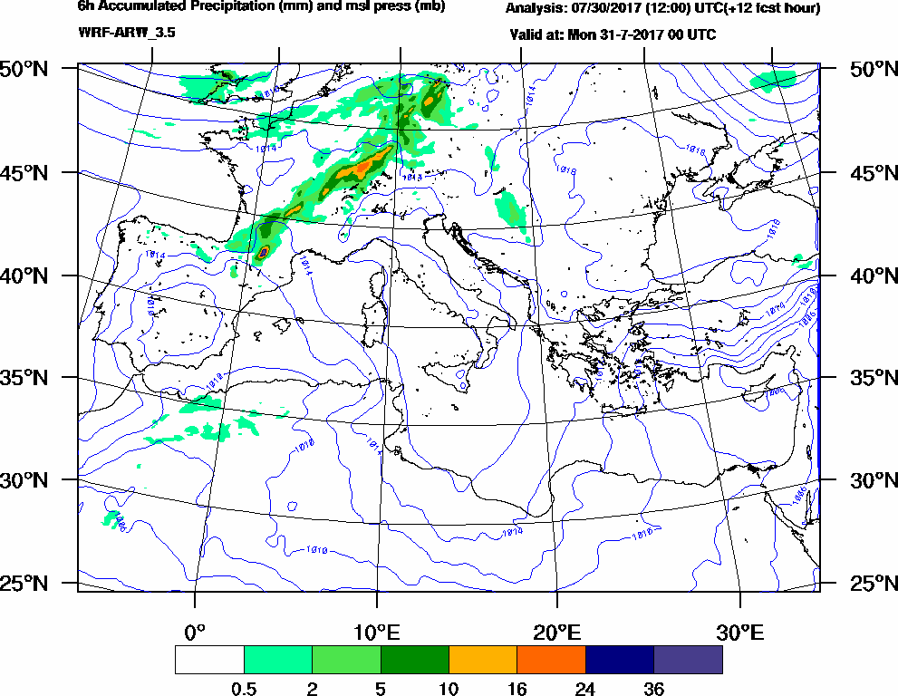 6h Accumulated Precipitation (mm) and msl press (mb) - 2017-07-30 18:00