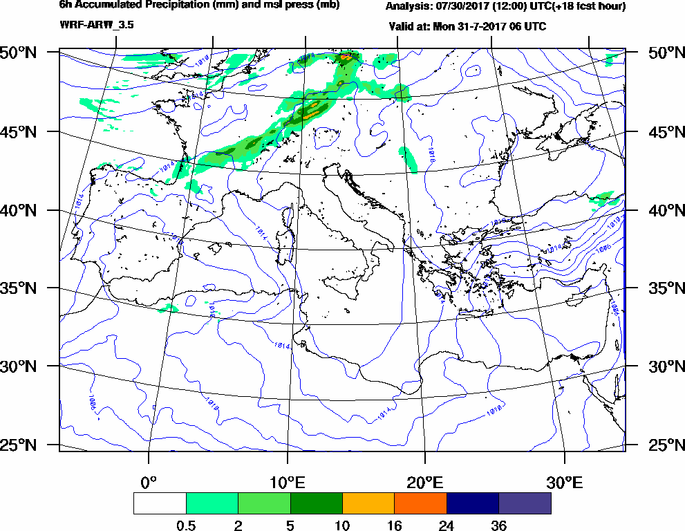 6h Accumulated Precipitation (mm) and msl press (mb) - 2017-07-31 00:00