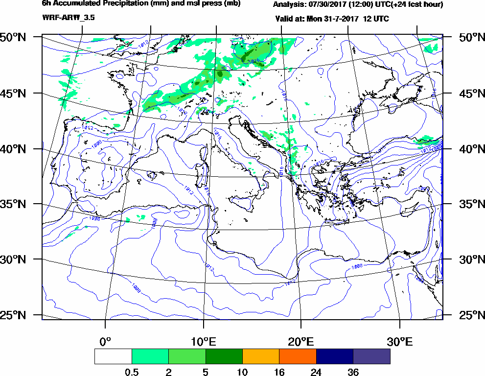 6h Accumulated Precipitation (mm) and msl press (mb) - 2017-07-31 06:00