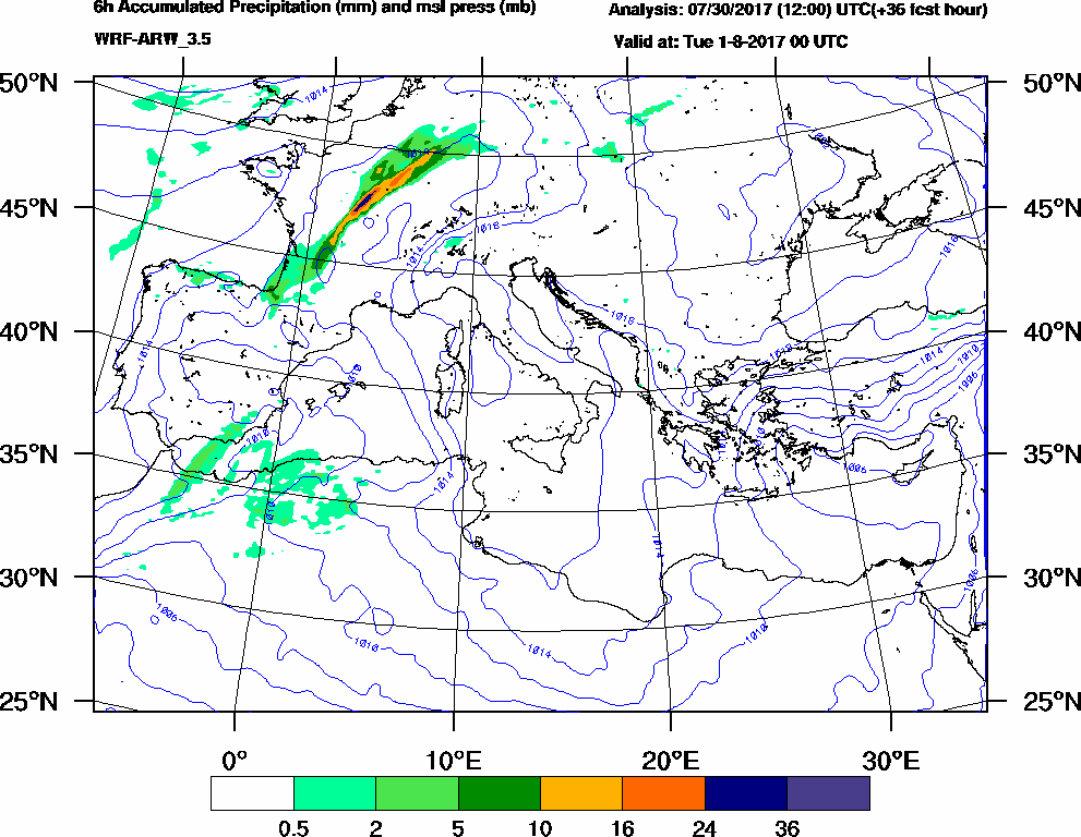 6h Accumulated Precipitation (mm) and msl press (mb) - 2017-07-31 18:00