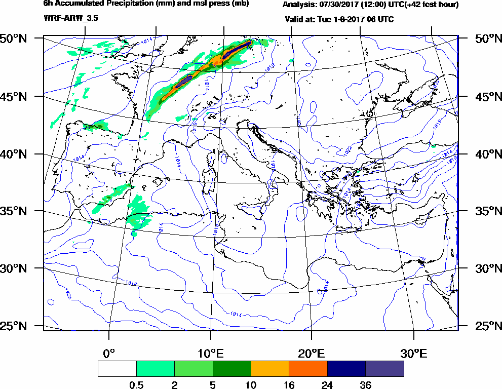 6h Accumulated Precipitation (mm) and msl press (mb) - 2017-08-01 00:00