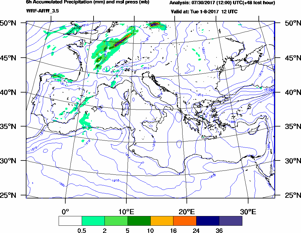 6h Accumulated Precipitation (mm) and msl press (mb) - 2017-08-01 06:00