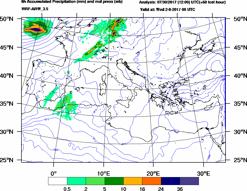 6h Accumulated Precipitation (mm) and msl press (mb) - 2017-08-01 18:00