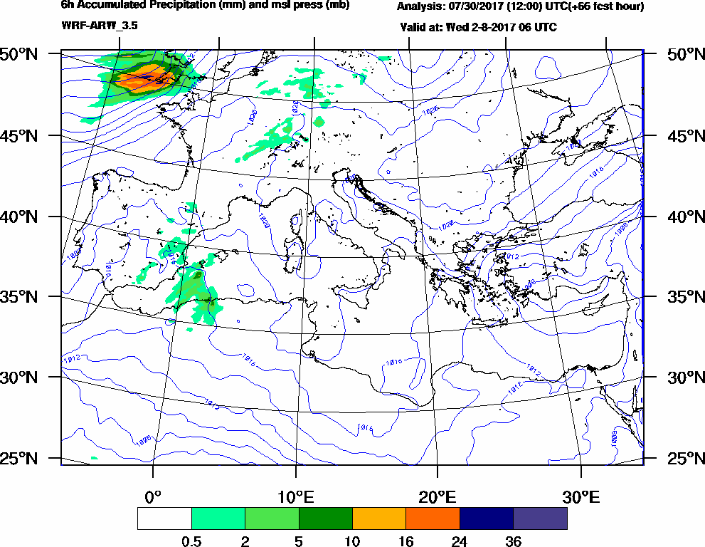 6h Accumulated Precipitation (mm) and msl press (mb) - 2017-08-02 00:00