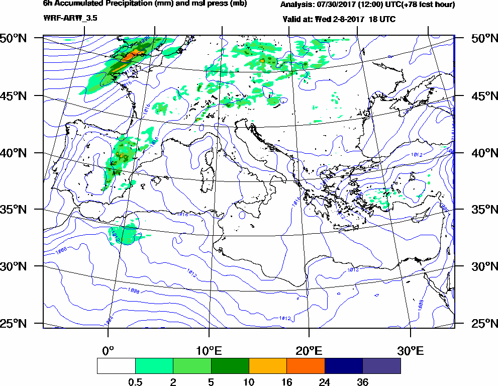 6h Accumulated Precipitation (mm) and msl press (mb) - 2017-08-02 12:00