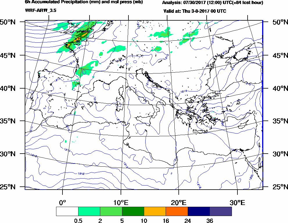 6h Accumulated Precipitation (mm) and msl press (mb) - 2017-08-02 18:00