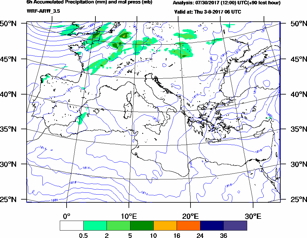 6h Accumulated Precipitation (mm) and msl press (mb) - 2017-08-03 00:00