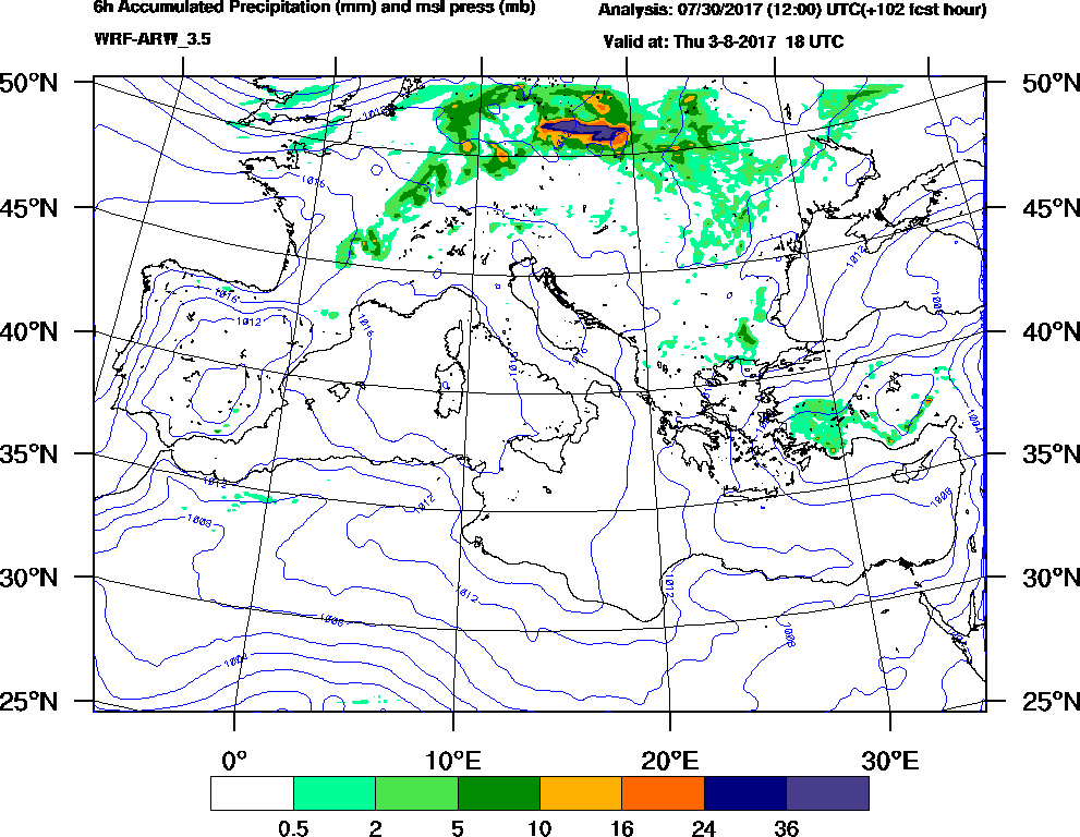 6h Accumulated Precipitation (mm) and msl press (mb) - 2017-08-03 12:00