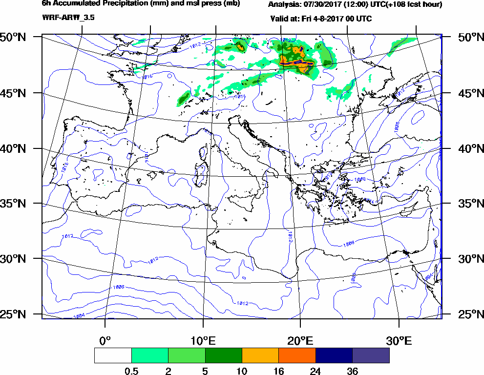 6h Accumulated Precipitation (mm) and msl press (mb) - 2017-08-03 18:00