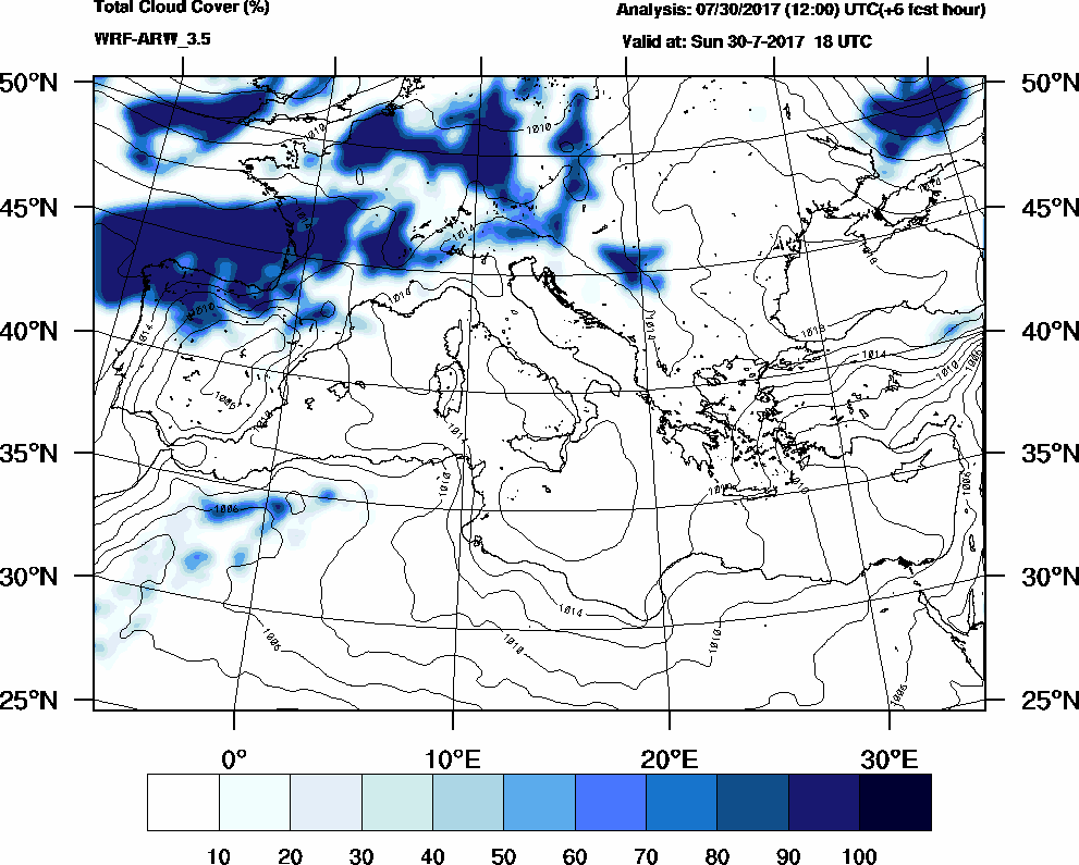 Total cloud cover (%) - 2017-07-30 12:00