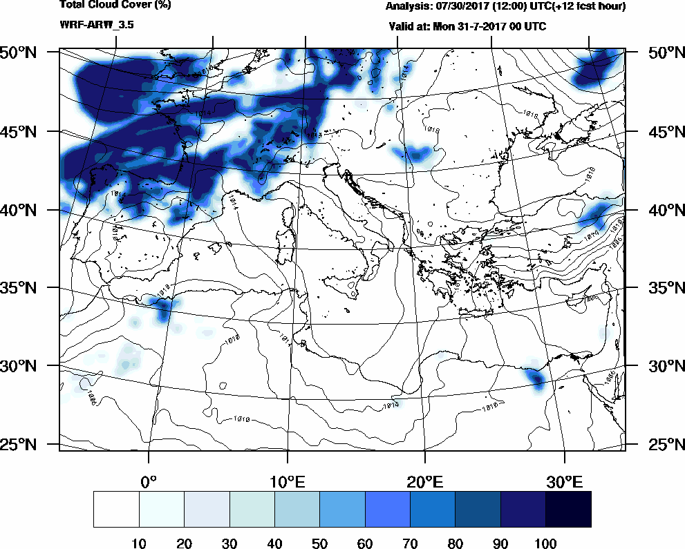 Total cloud cover (%) - 2017-07-30 18:00