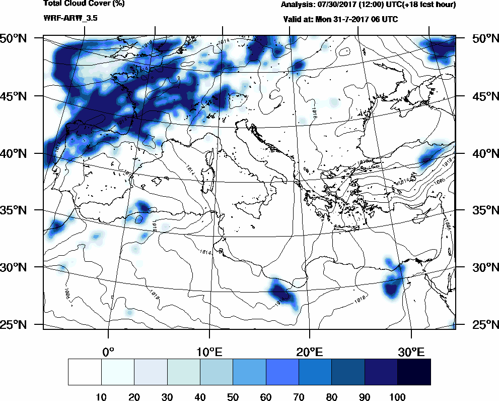 Total cloud cover (%) - 2017-07-31 00:00