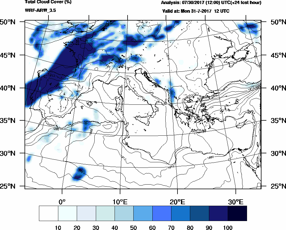 Total cloud cover (%) - 2017-07-31 06:00