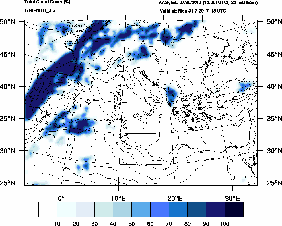 Total cloud cover (%) - 2017-07-31 12:00
