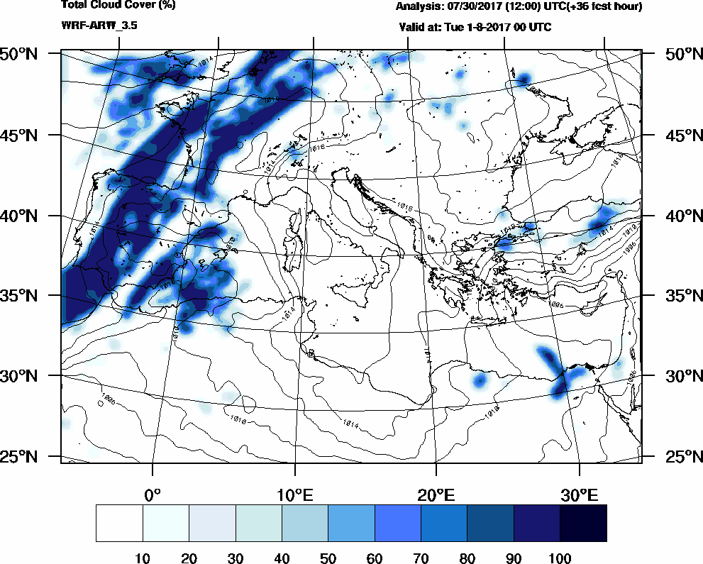 Total cloud cover (%) - 2017-07-31 18:00