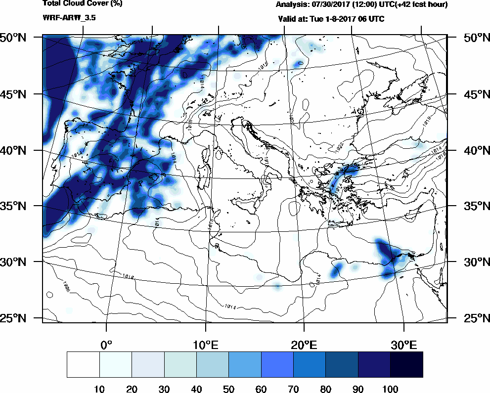 Total cloud cover (%) - 2017-08-01 00:00