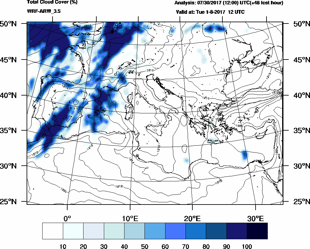 Total cloud cover (%) - 2017-08-01 06:00