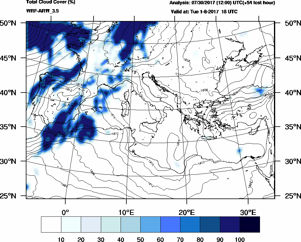 Total cloud cover (%) - 2017-08-01 12:00