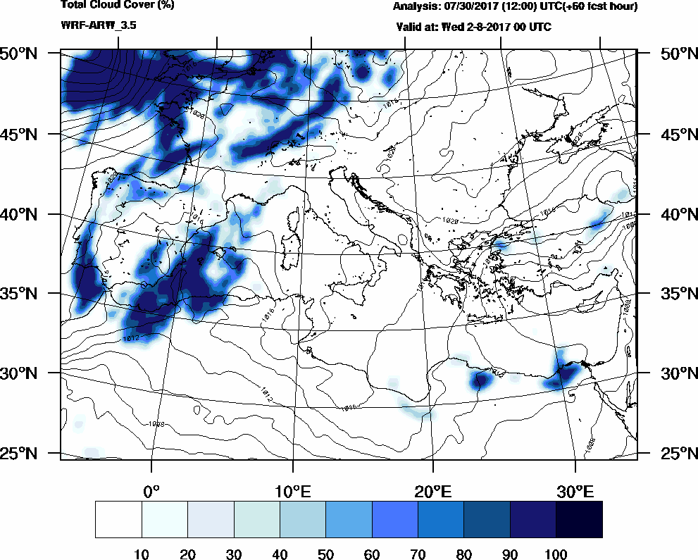 Total cloud cover (%) - 2017-08-01 18:00
