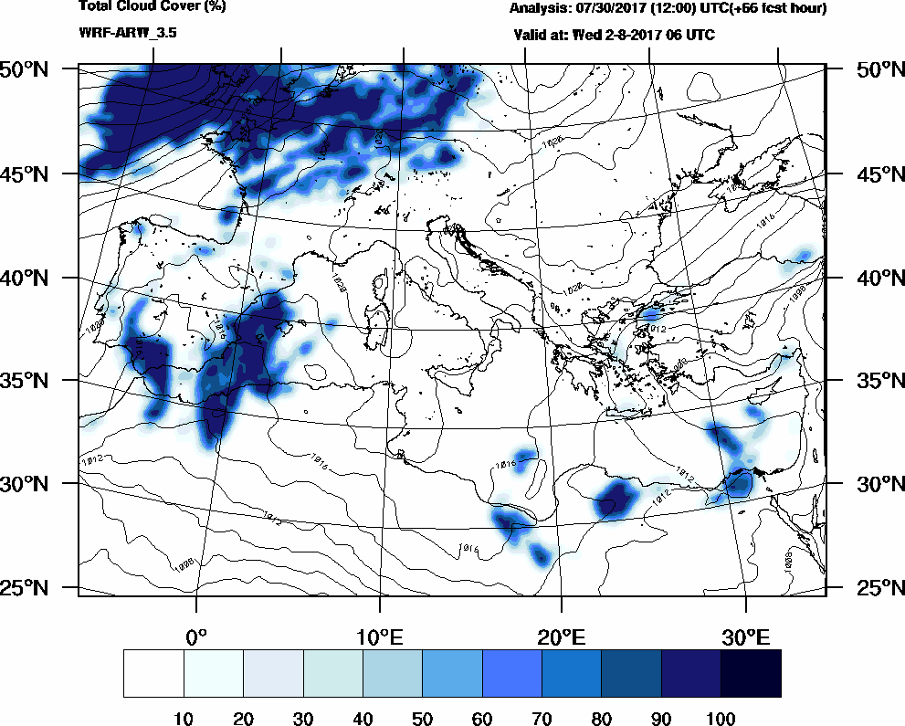 Total cloud cover (%) - 2017-08-02 00:00