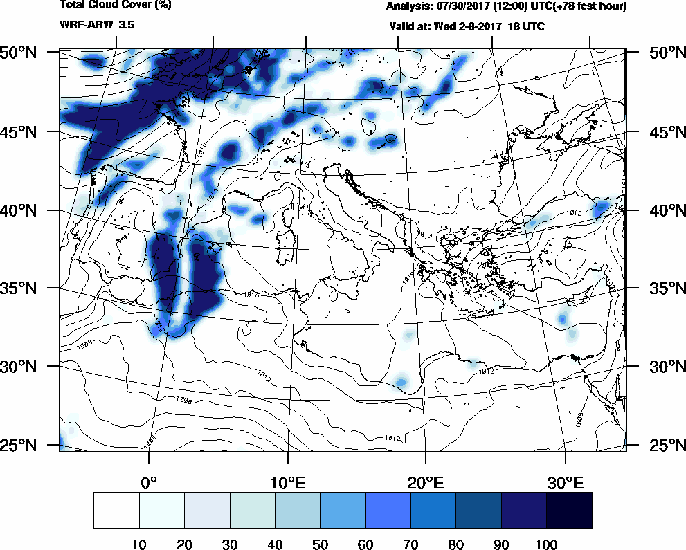 Total cloud cover (%) - 2017-08-02 12:00