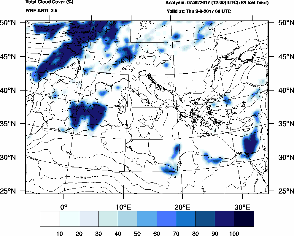 Total cloud cover (%) - 2017-08-02 18:00
