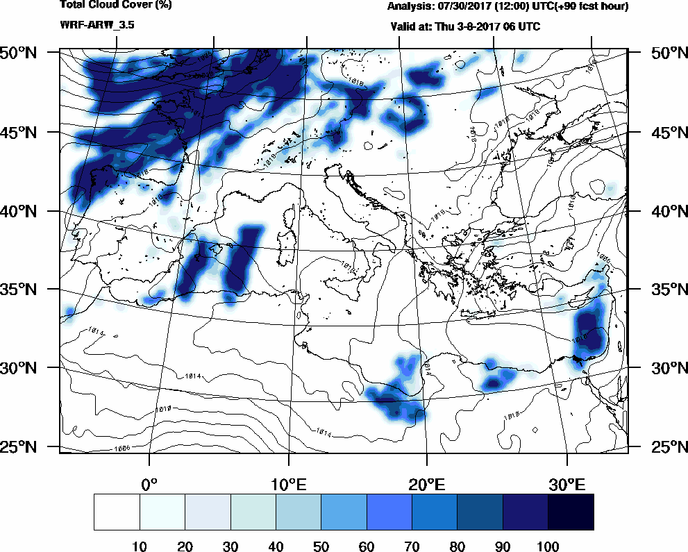 Total cloud cover (%) - 2017-08-03 00:00
