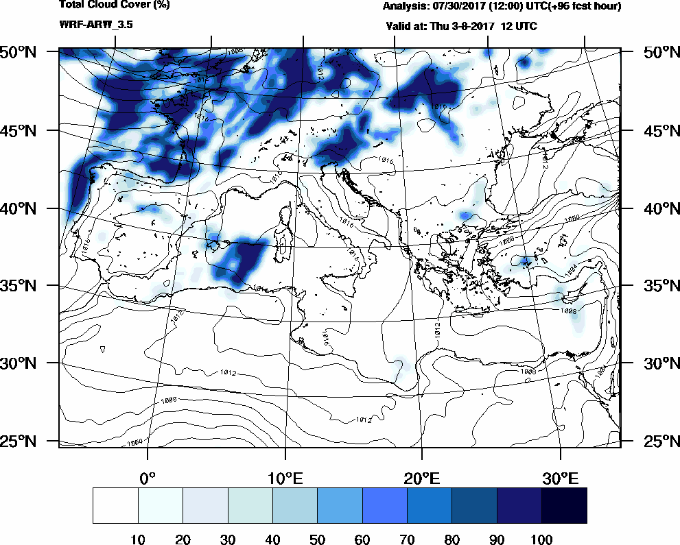 Total cloud cover (%) - 2017-08-03 06:00