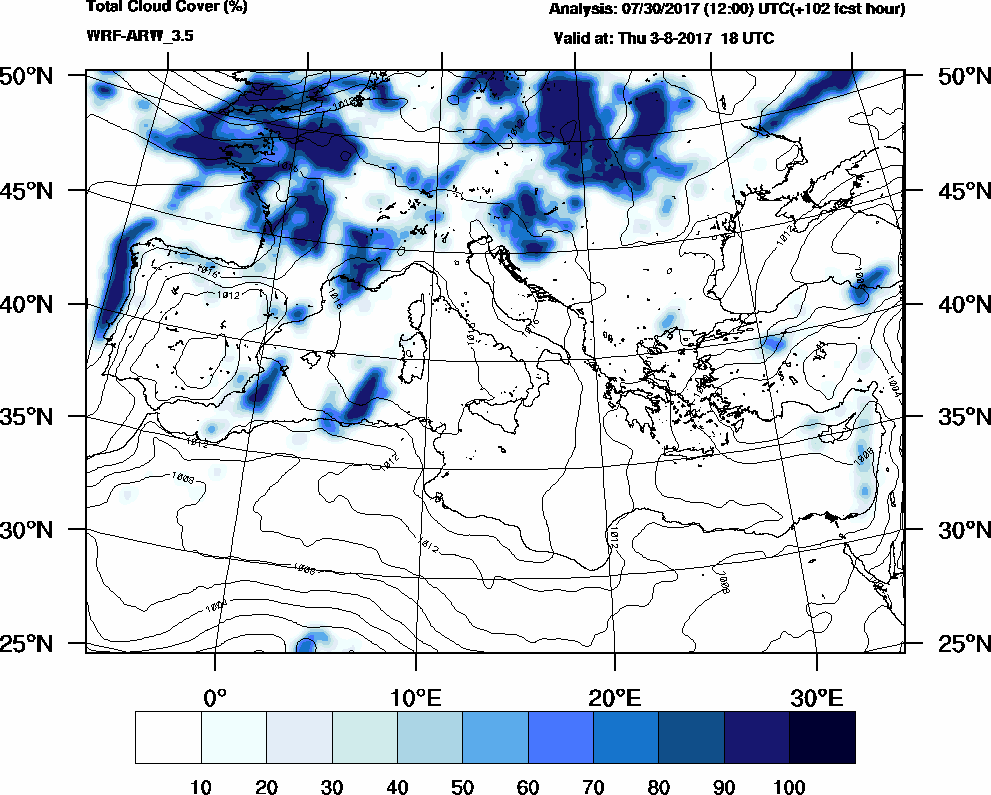 Total cloud cover (%) - 2017-08-03 12:00