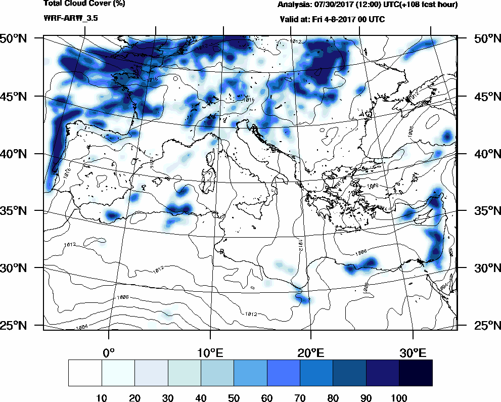 Total cloud cover (%) - 2017-08-03 18:00