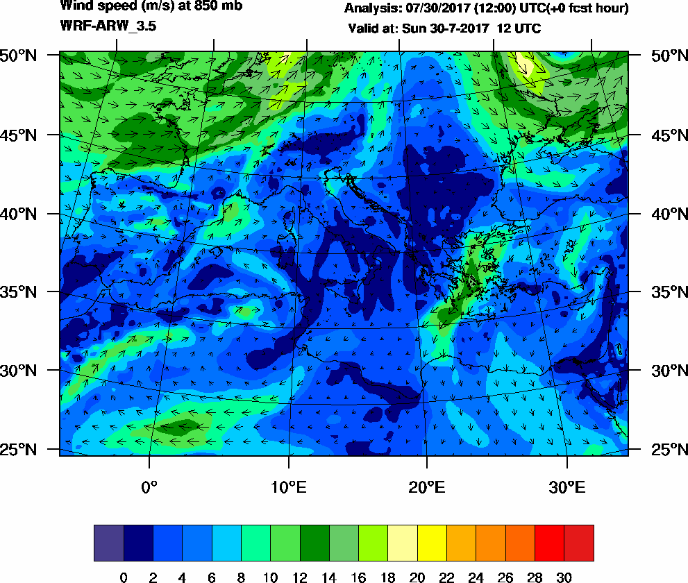 Wind speed (m/s) at 850 mb - 2017-07-30 12:00