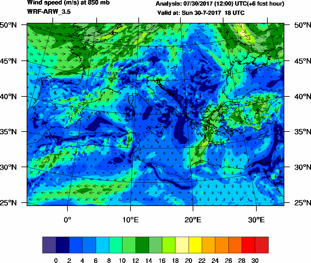 Wind speed (m/s) at 850 mb - 2017-07-30 18:00