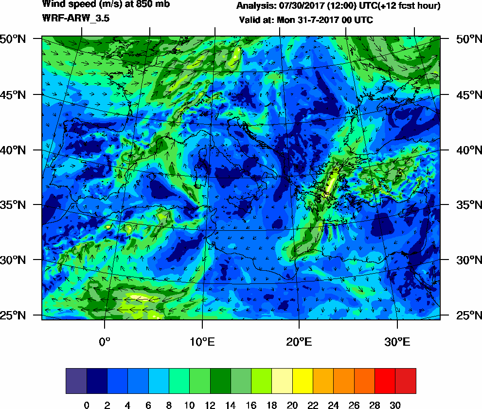 Wind speed (m/s) at 850 mb - 2017-07-31 00:00