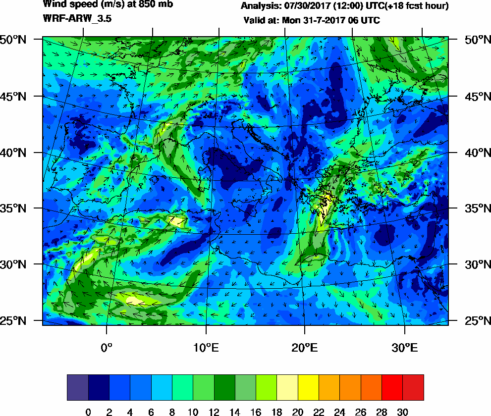 Wind speed (m/s) at 850 mb - 2017-07-31 06:00