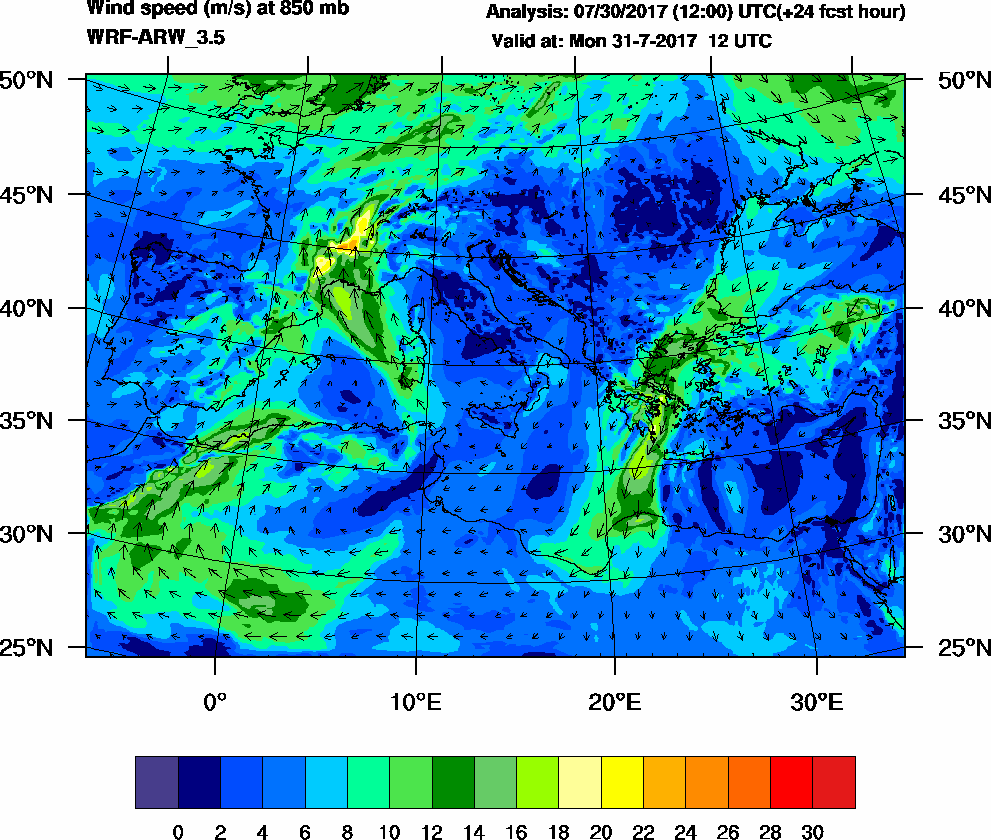 Wind speed (m/s) at 850 mb - 2017-07-31 12:00