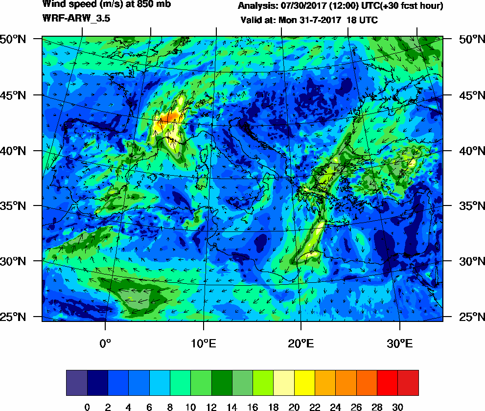 Wind speed (m/s) at 850 mb - 2017-07-31 18:00